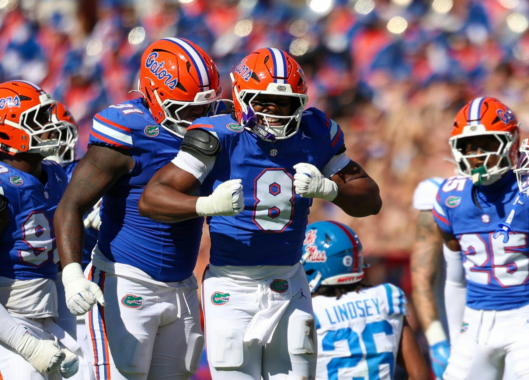 Florida inside line backer Aaron Chiles (8) celebrates during an NCAA college football game against Ole Miss, Saturday, Sept. 26, 2026, in Gainesville, Fla.
