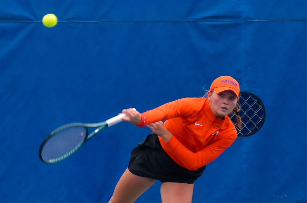 <p>UF Women&#x27;s Tennis player Nikola Daubnerova sends a ball over the net during the Florida Invitational on Jan. 11, 2025. (Credit: Kade Sowers)</p>