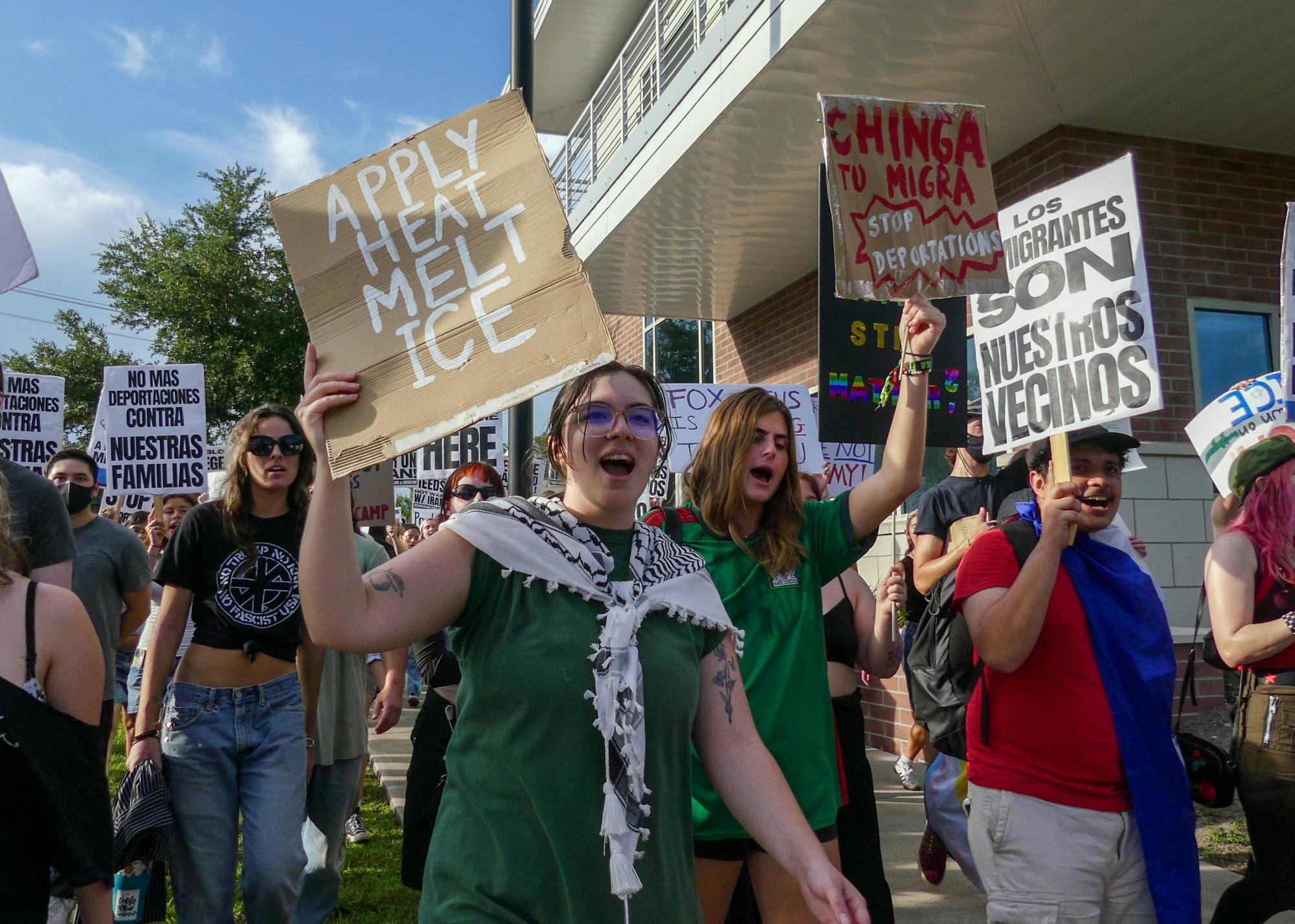 Protesters begin marching along Depot Ave during the Ice Out protest on Tuesday, June 17, 2025. 