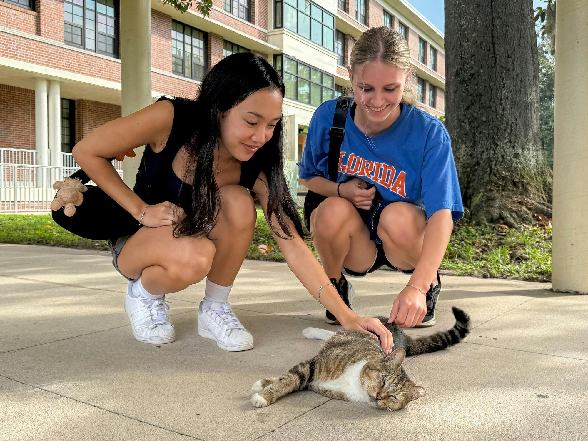 University of Florida students, Sophia McDonald and Michelle Wagner, pet Tenders the cat at Tolbert Hall.
