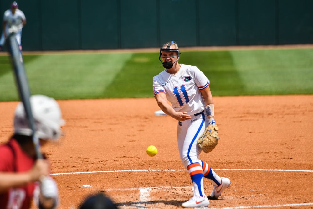 UF senior Kelly Barnhill pitched her second complete game of the weekend against Arkansas on Sunday. She allowed only two hits and one earned run to go along with eight strikeouts.