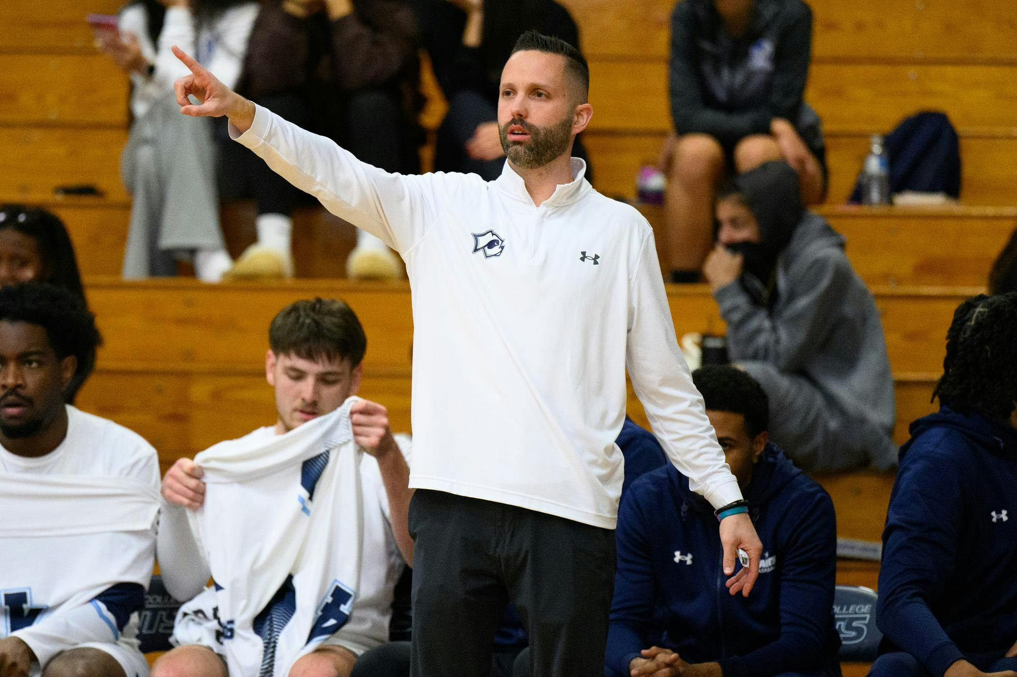 Santa Fe College head coach John Ritzdorf coaches his team during an NJCAA men's basketball game against Miami Dade College in Gainesville, Fla., Saturday, Jan. 19, 2026.
