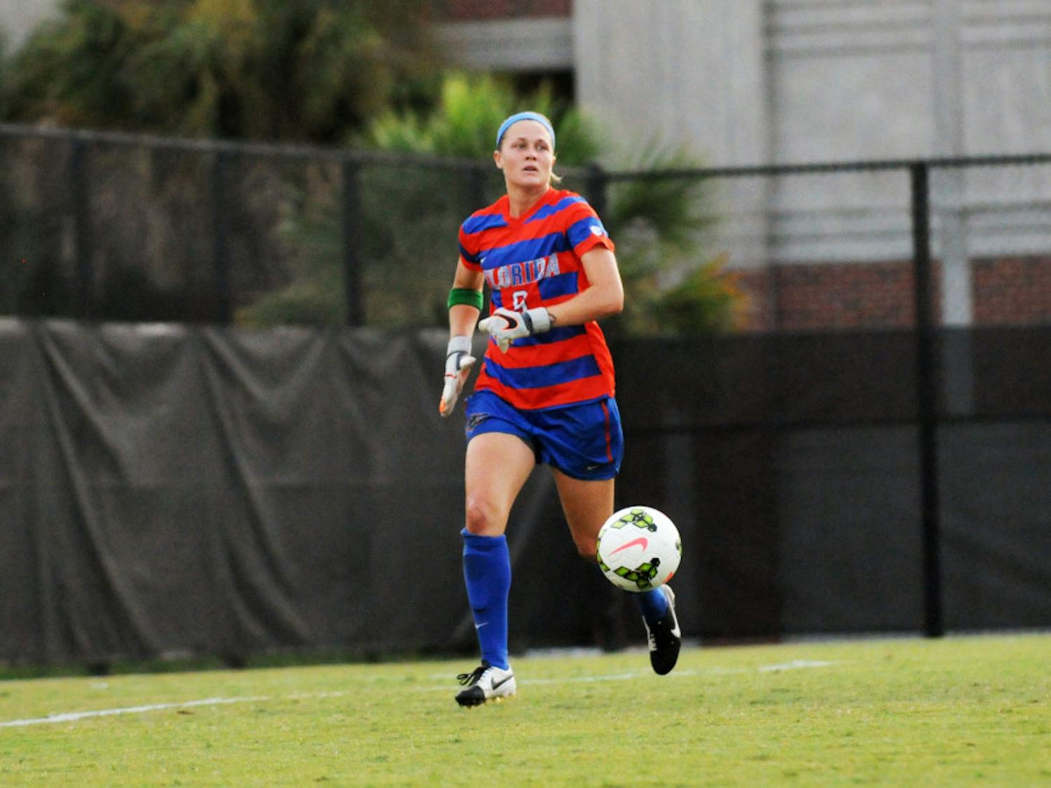 Goalkeeper Val Tysinger chases the ball during Florida's 2-1 win against Troy in an exhibition match on Aug. 11, 2015, at the soccer practice field at Donald R. Dizney Stadium.