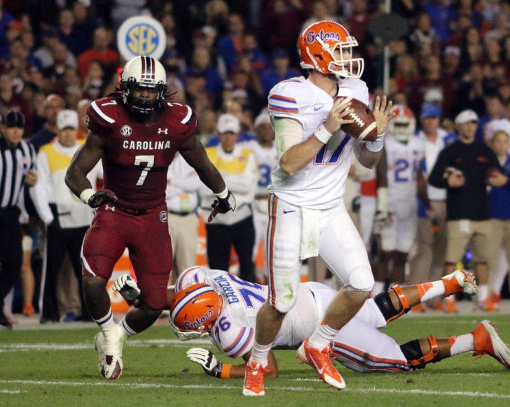 Skyler Mornhinweg drops back to pass during Florida’s 19-14 loss to South Carolina on Nov. 16 at Williams-Brice Stadium in Columbia, S.C.