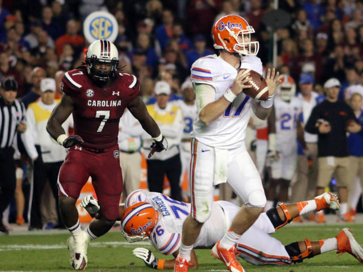 Skyler Mornhinweg drops back to pass during Florida’s 19-14 loss to South Carolina on Nov. 16 at Williams-Brice Stadium in Columbia, S.C.
