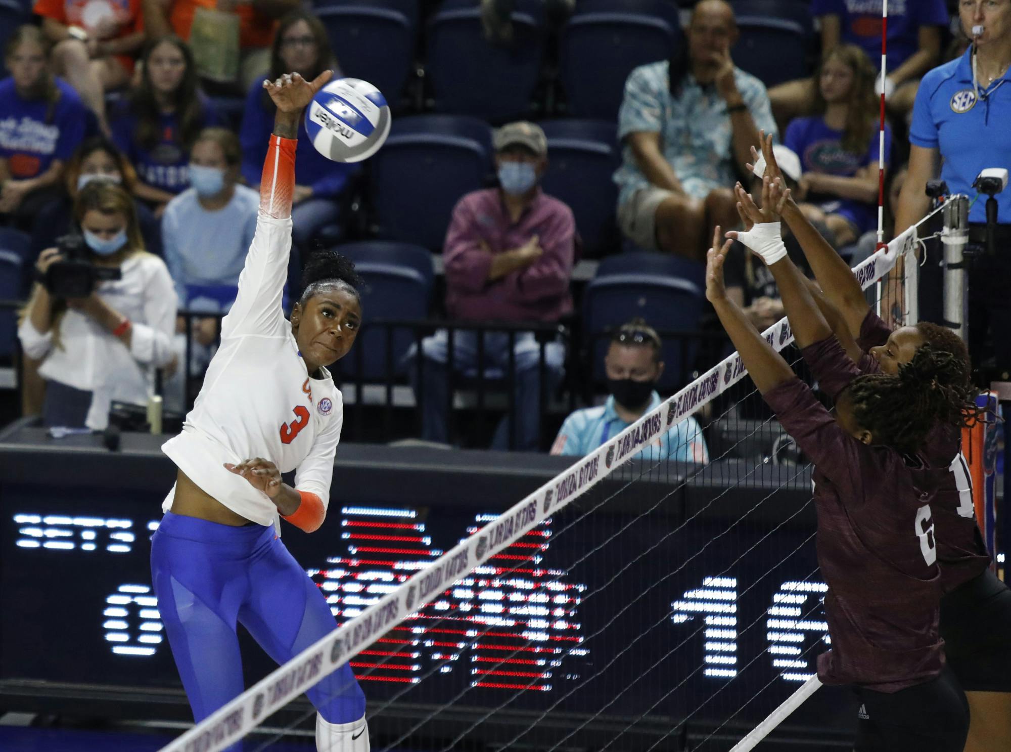 Florida outside hitter T&#x27;ara Ceasar spikes a ball toward the Mississippi State defense on Friday night in the O&#x27;Connell Center. 