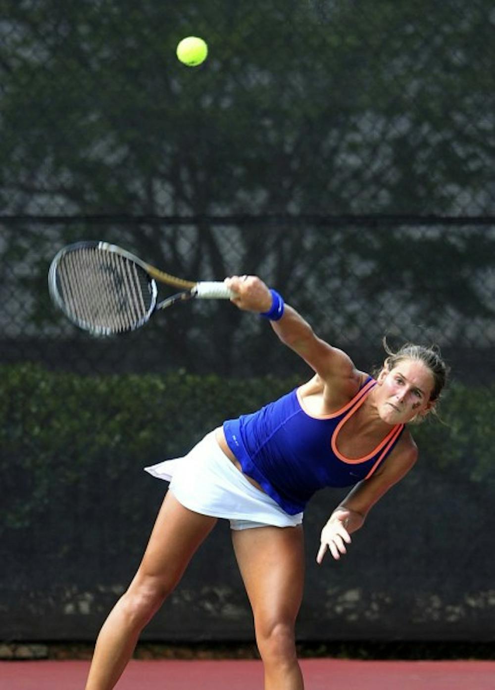 <p>Senior Joanna Mather returns a shot against Duke on Monday. Mather won both her singles and doubles matches against the Blue Devils.</p>