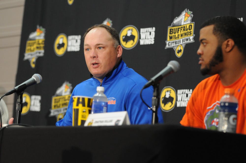 <p>UF defensive coordinator Geoff Collins speaks during a press conference at the Citrus Bowl on Dec. 30, 2015, in Orlando.</p>