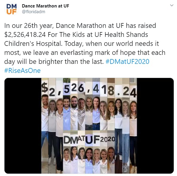 A tweet from Dance Marathon at UF revealed that this year's 26th annual fundraiser raised more than $2.5 million for UF Health Shands Children's Hospital. This year's event went virtual due to COVID-19 concerns.&nbsp;&nbsp;