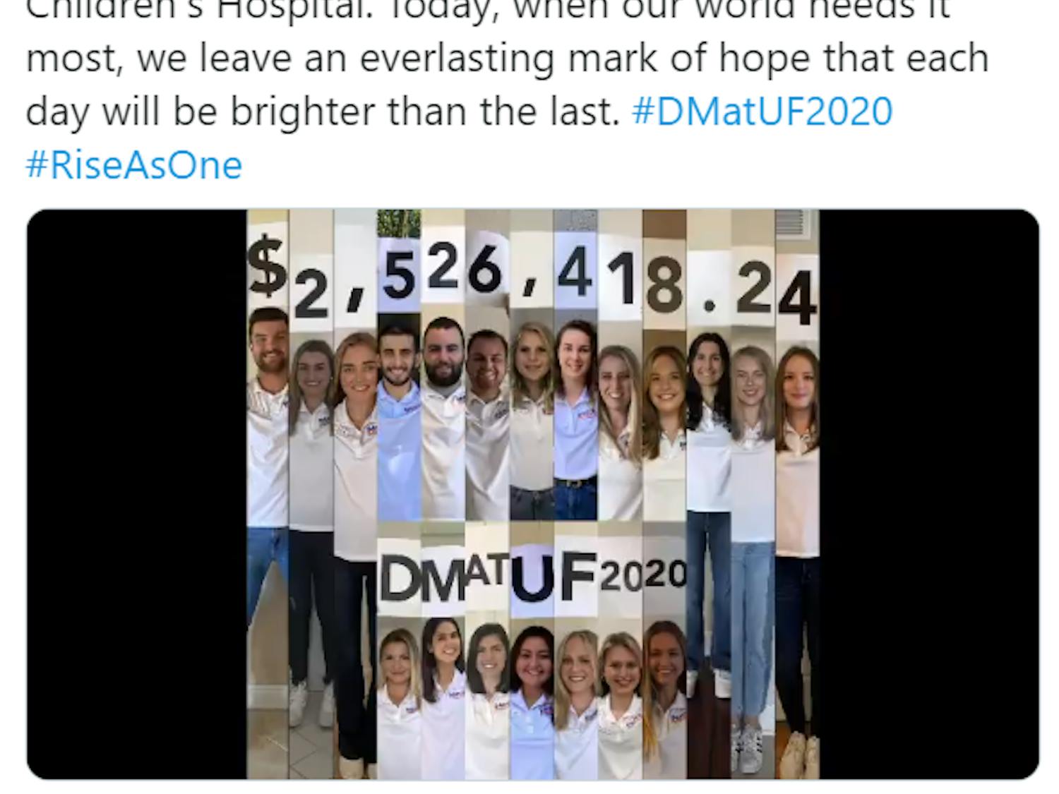 A tweet from Dance Marathon at UF revealed that this year's 26th annual fundraiser raised more than $2.5 million for UF Health Shands Children's Hospital. This year's event went virtual due to COVID-19 concerns.&nbsp;&nbsp;