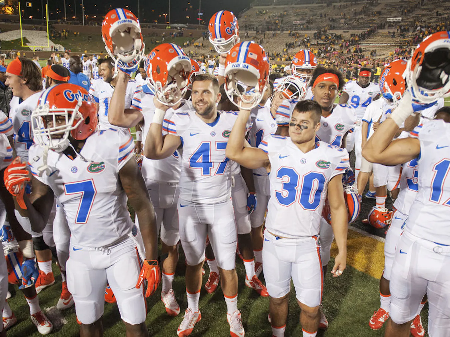 Florida teammates celebrate with fans after a 21-3 win against Missouri on Oct. 10, 2015, on Faurot Field at Memorial Stadium in Columbia, Missouri.
