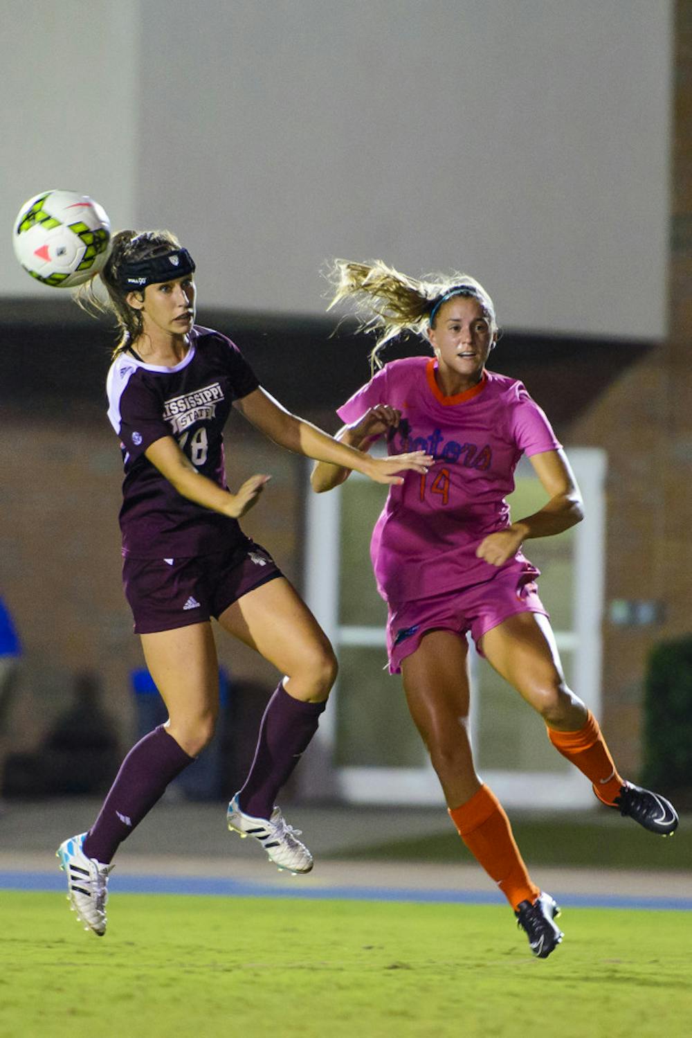 <p>Jillian Graff heads the ball during Florida's 5-1 win against Mississippi State</p>