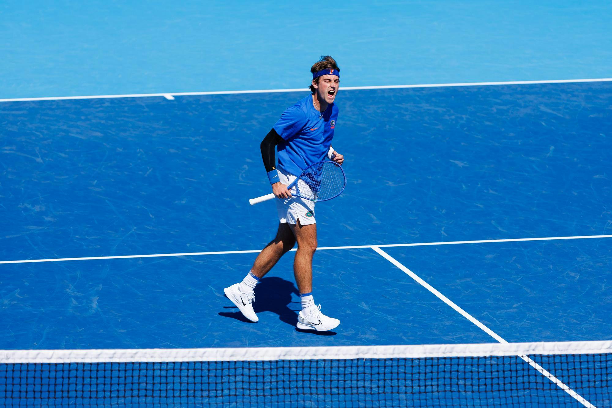 Florida tennis player Pablo Perez Ramos celebrates during an NCAA tennis match against South Carolina, Sunday, March. 1, 2026, in Gainesville, Fla.