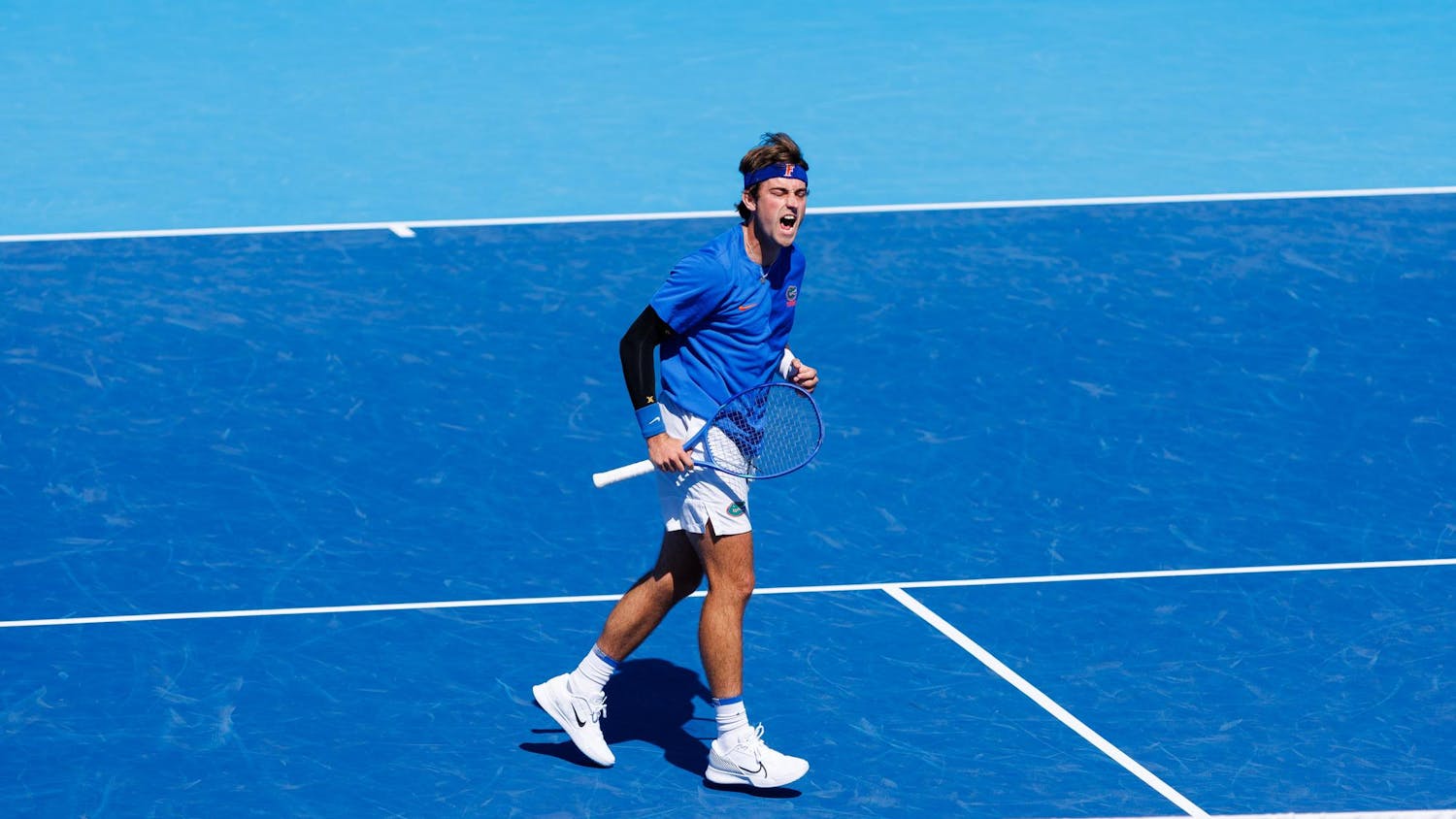 Florida tennis player Pablo Perez Ramos celebrates during an NCAA tennis match against South Carolina, Sunday, March 1, 2026, in Gainesville, Fla.