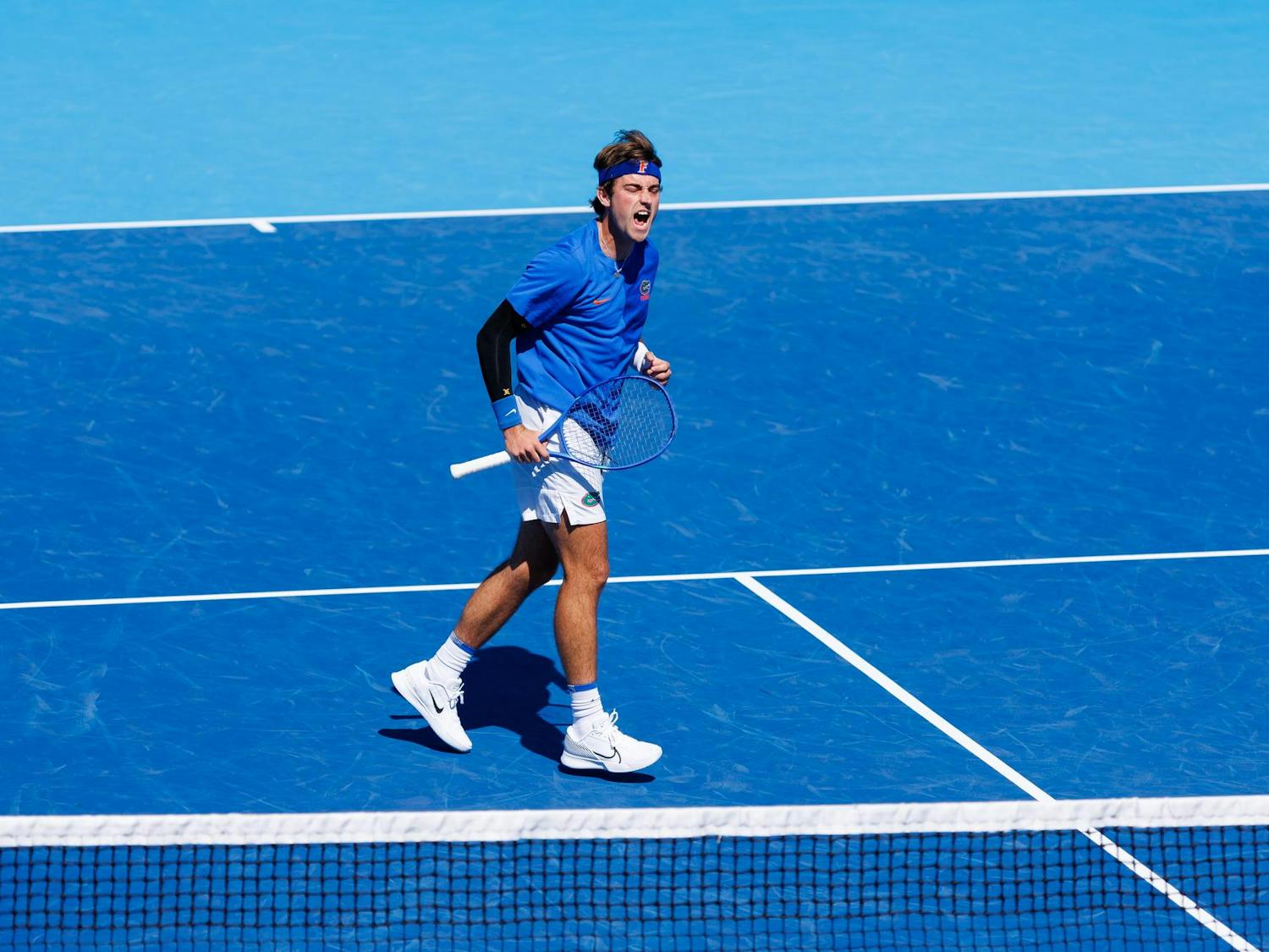 Florida tennis player Pablo Perez Ramos celebrates during an NCAA tennis match against South Carolina, Sunday, March. 1, 2026, in Gainesville, Fla.