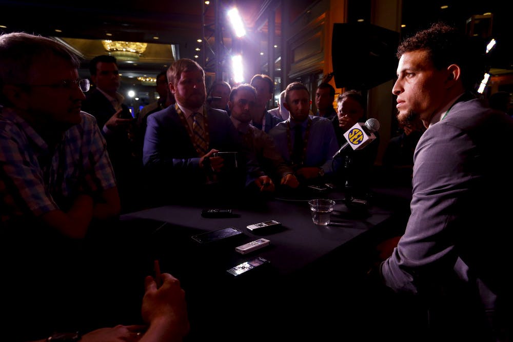 Quarterback Feleipe Franks (pictured), running back Lamical Perine and defensive end Jabari Zuniga were the three UF athletes to appear at the SEC Media Days on Monday alongside coach Dan Mullen.