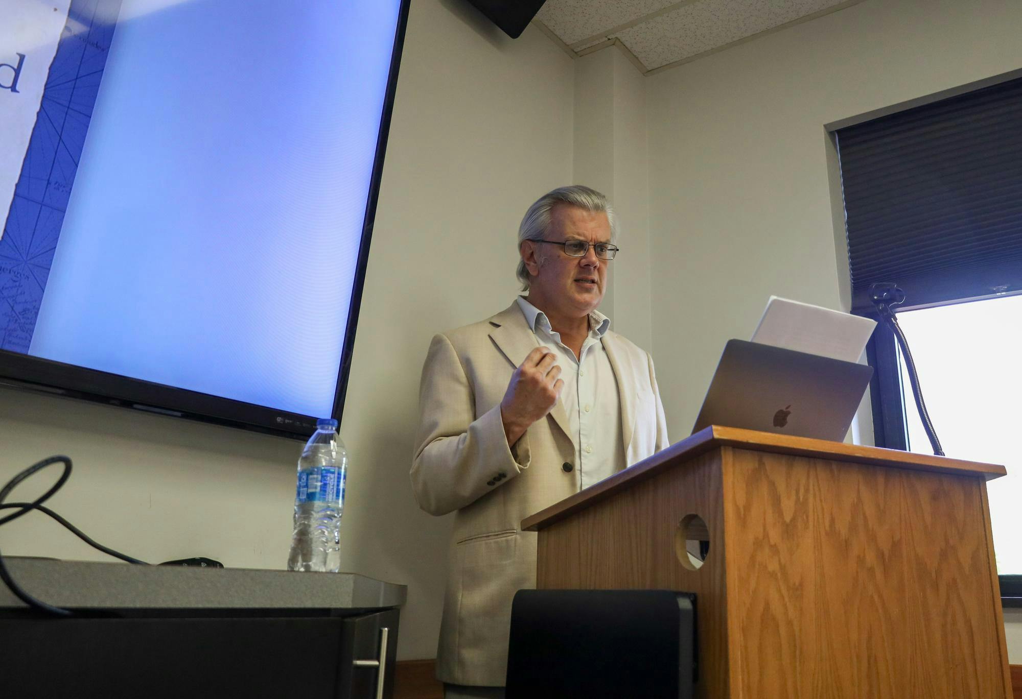 Author Michael Deibert speaks to a crowd of around 20 about Haiti and the U.S. in the 19th century at Grinter Hall, Friday, March 27, 2026 in Gainesville, Fla.