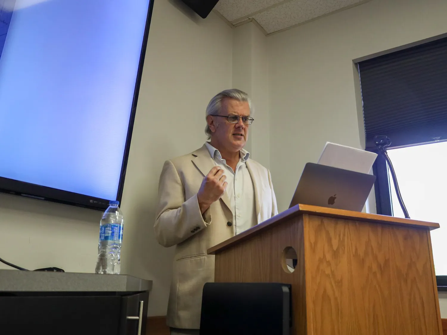 Author Michael Deibert speaks to a crowd of around 20 about Haiti and the U.S. in the 19th century at Grinter Hall, Friday, March 27, 2026 in Gainesville, Fla.