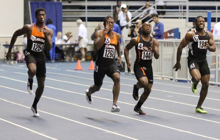 Marquis Dendy (far left) races in the 55m on Jan. 17, 2013, during the Gator Invitational in the O’Connell Center. Dendy finished first in the long jump at the Texas Relays.