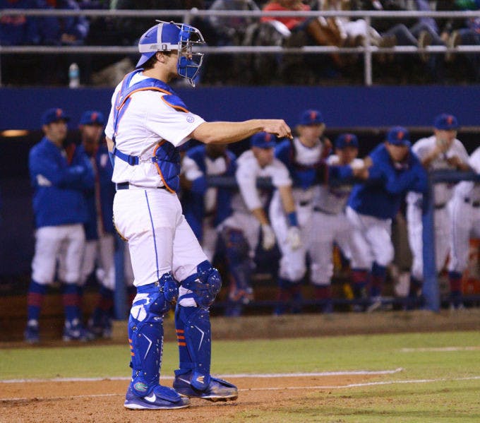 Sophomore catcher Taylor Gushue calls out to the mound during Florida’s 4-3 loss to Duke on Feb. 15 at McKethan Stadium.