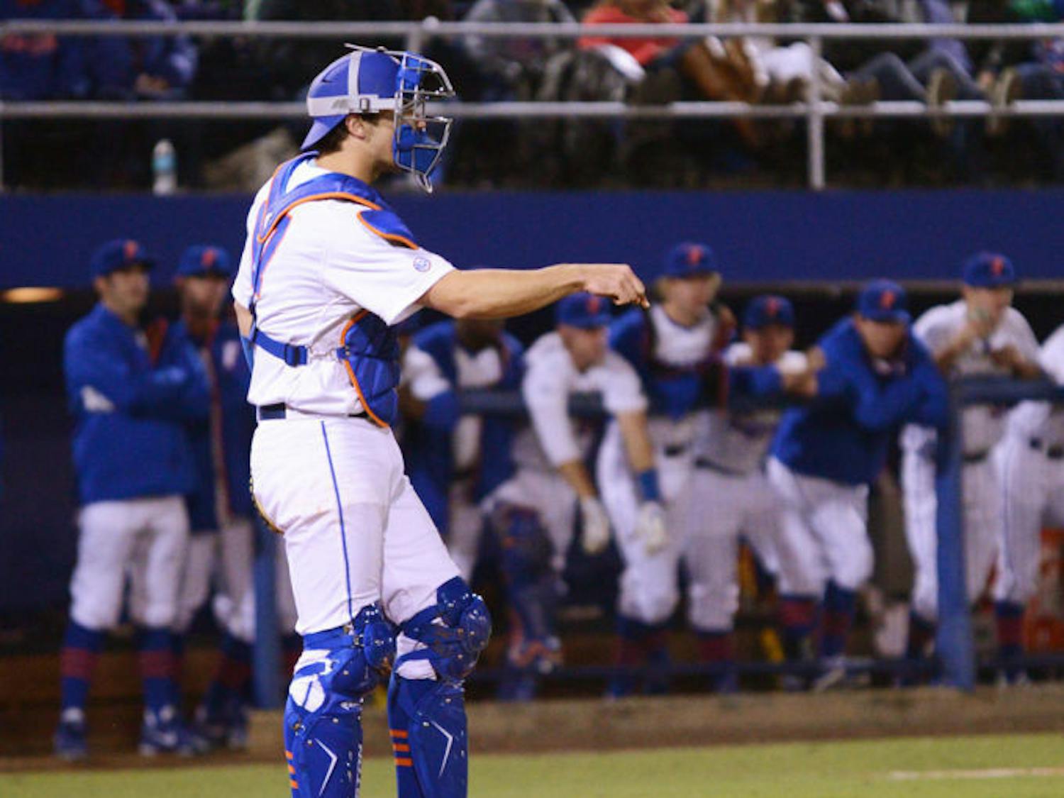Sophomore catcher Taylor Gushue calls out to the mound during Florida’s 4-3 loss to Duke on Feb. 15 at McKethan Stadium.
