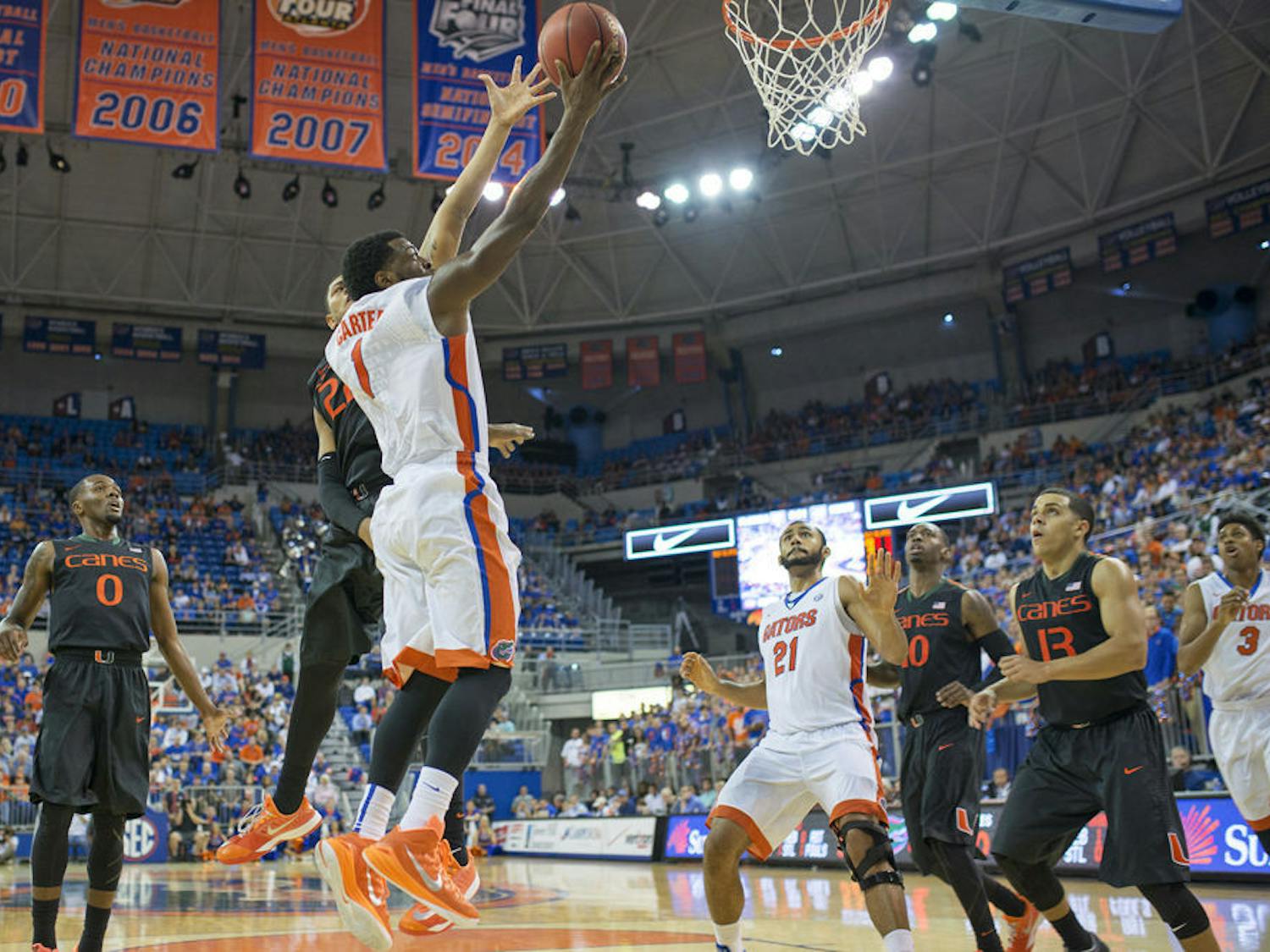 Eli Carter goes for a layup during Florida's loss to Miami on Monday in the O'Connell Center.