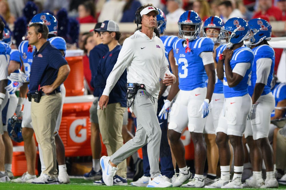 Ole Miss Rebels head coach Lane Kiffin during the first half of an NCAA college football game, Saturday, Nov. 15, 2025, in Oxford, Miss.