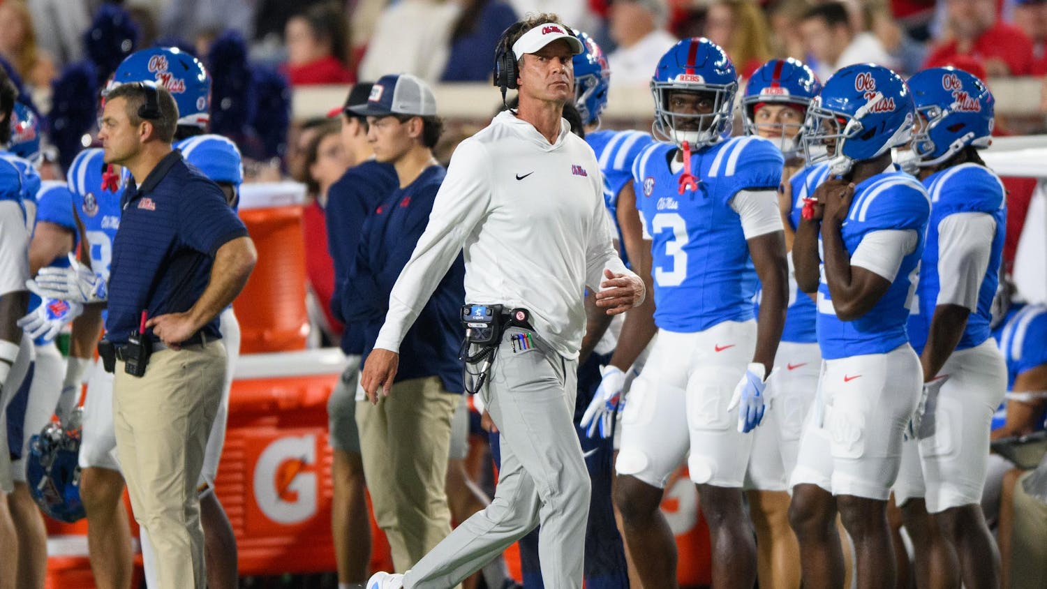Ole Miss Rebels head coach Lane Kiffin during the first half of an NCAA college football game, Saturday, Nov. 15, 2025, in Oxford, Miss.