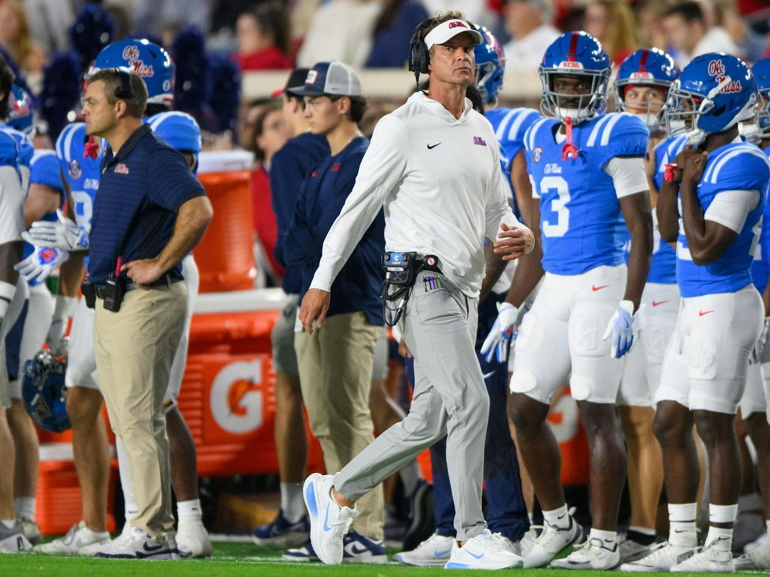 Ole Miss Rebels head coach Lane Kiffin during the first half of an NCAA college football game, Saturday, Nov. 15, 2025, in Oxford, Miss.