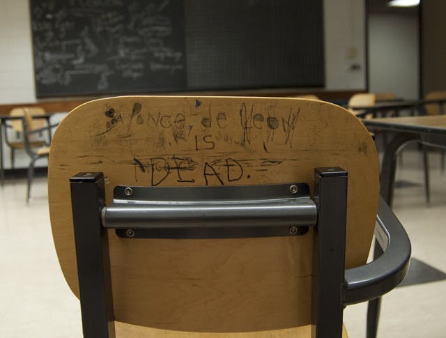 Found in Turlington Hall, this declaration is an example of vandalism found across campus.