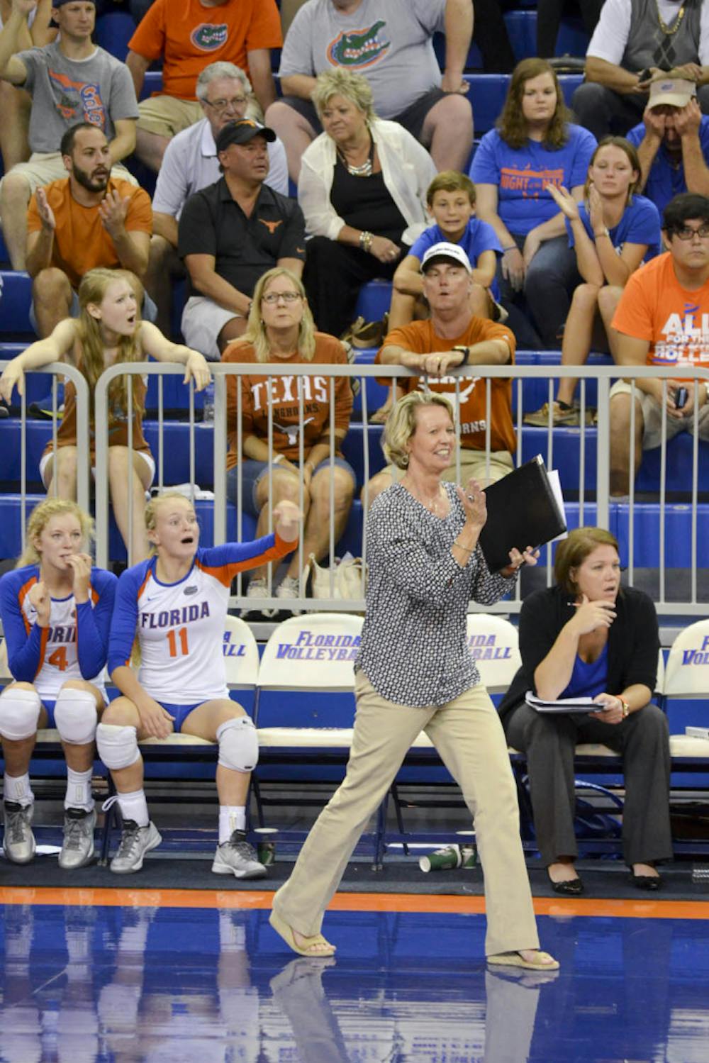 <p>UF coach Mary Wise reacts after a point during Florida's 3-1 loss to Texas on Sept. 6 in the O'Connell Center.</p>