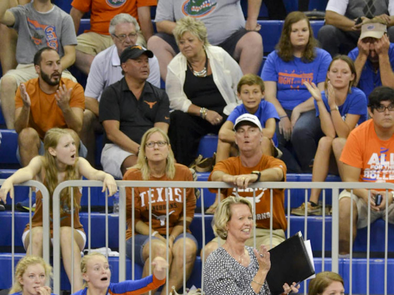 UF coach Mary Wise reacts after a point during Florida's 3-1 loss to Texas on Sept. 6 in the O'Connell Center.