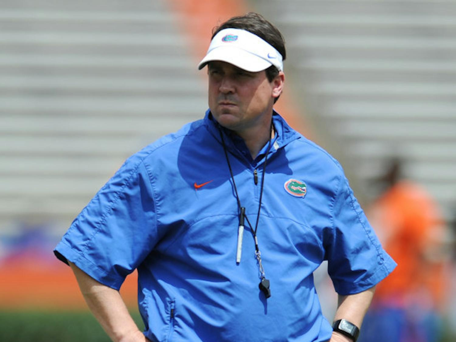Will Muschamp looks on during the Orange &amp; Blue Debut on April 12 in Ben Hill Griffin Stadium.