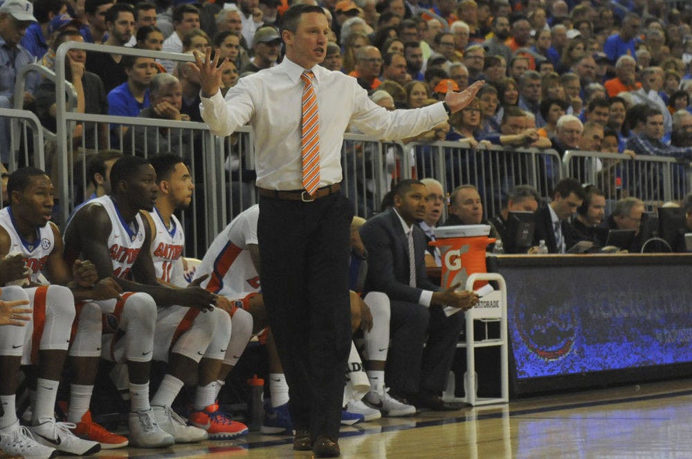 <p>UF coach Mike White reacts after a play during Florida’s 68-62 win over LSU on Jan. 9, 2016, in the O’Connell Center.</p>