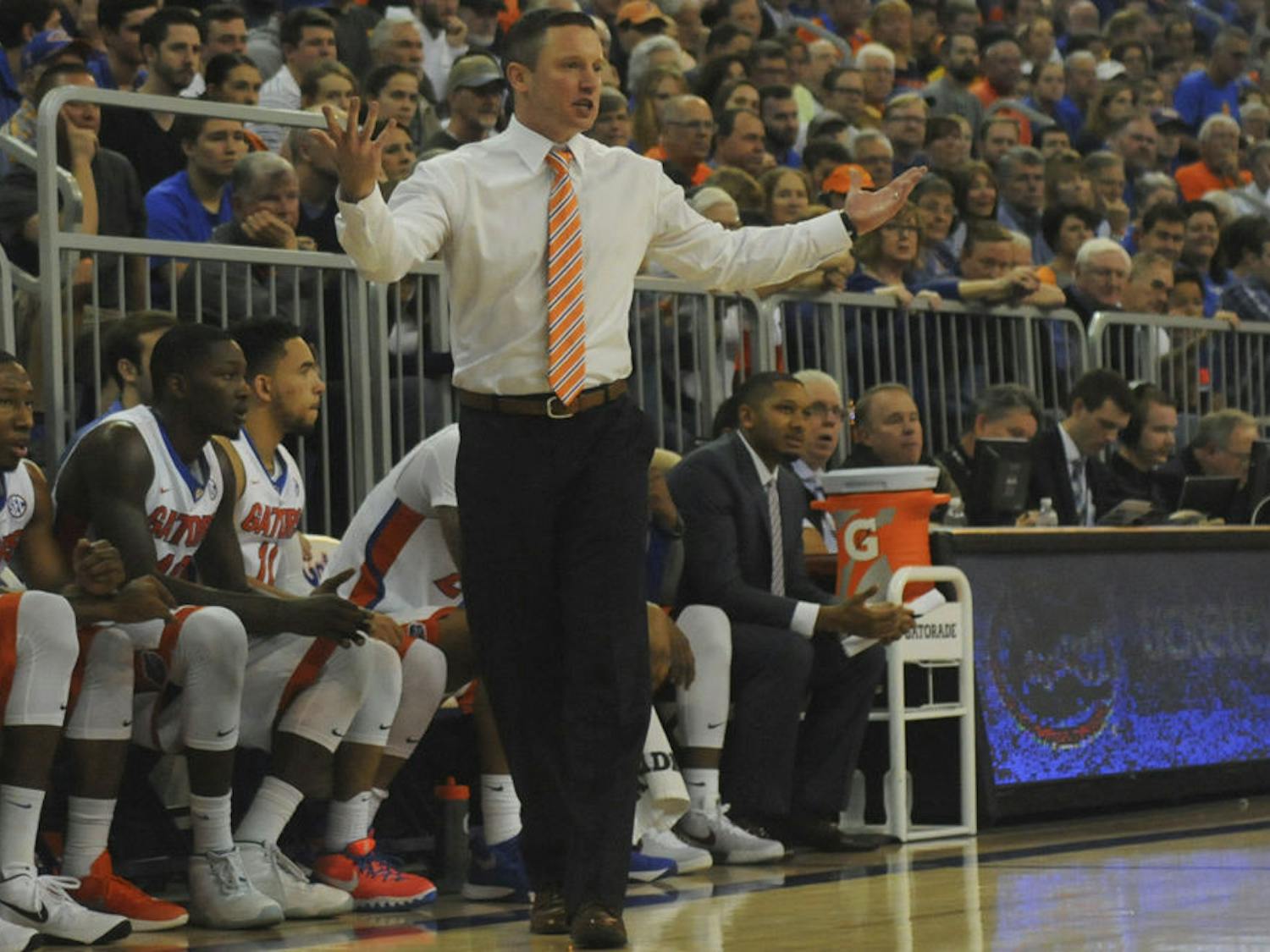 UF coach Mike White reacts after a play during Florida’s 68-62 win over LSU on Jan. 9, 2016, in the O’Connell Center.