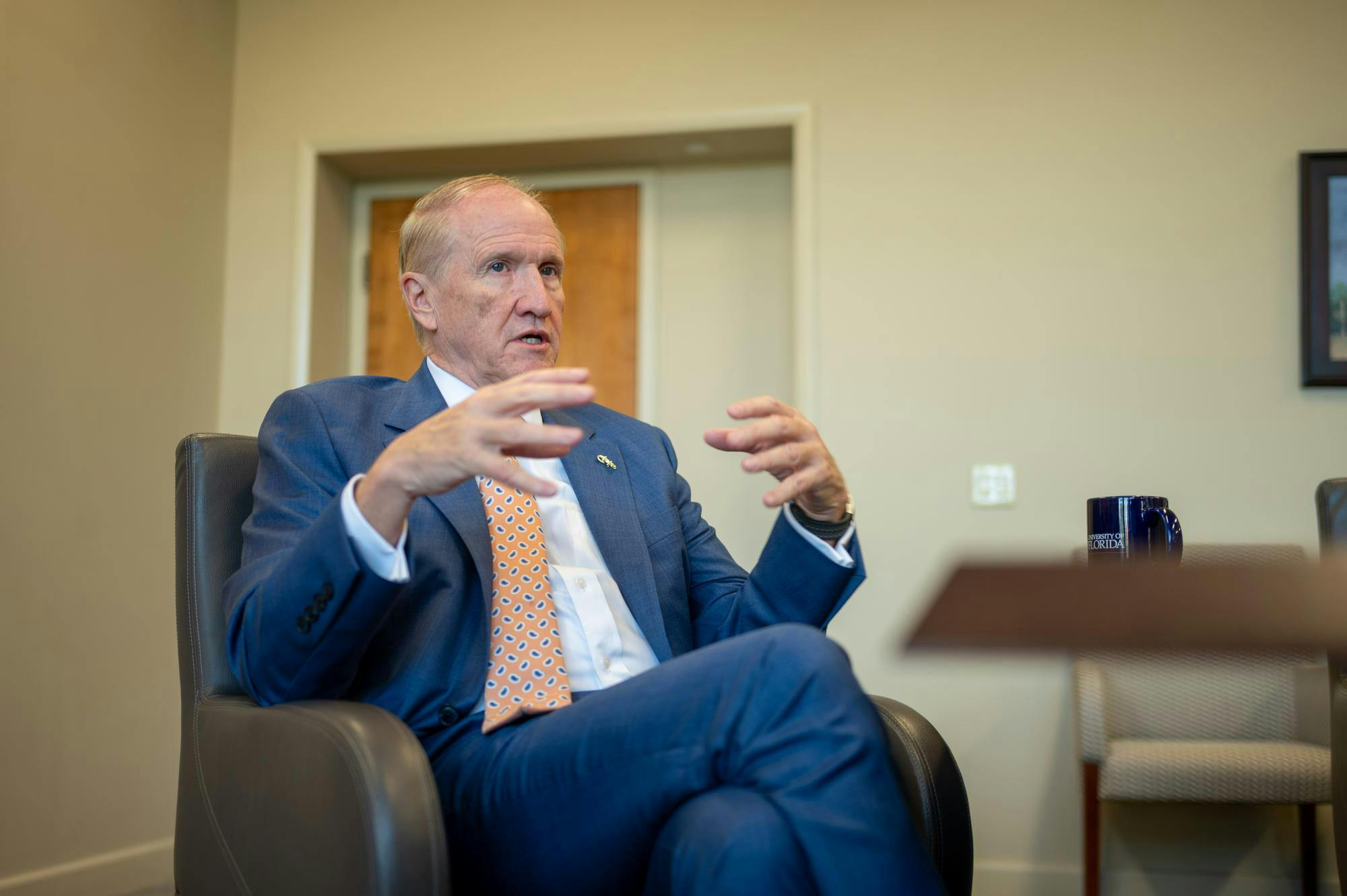 UF President Dr. Stuart Bell speaks during an interview in the Presidential Conference Room at Tigert Hall, Thursday, Aug. 14, 2026, in Gainesville, Fla.