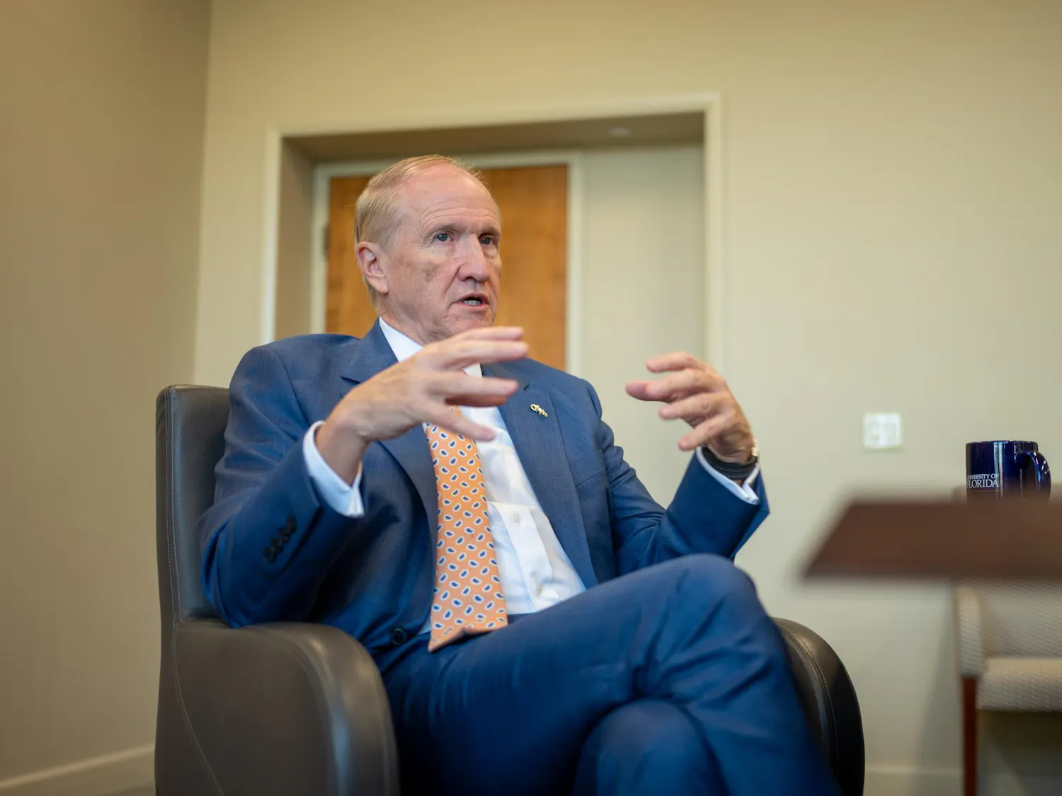 UF President Dr. Stuart Bell speaks during an interview in the Presidential Conference Room at Tigert Hall, Thursday, Aug. 14, 2026, in Gainesville, Fla.