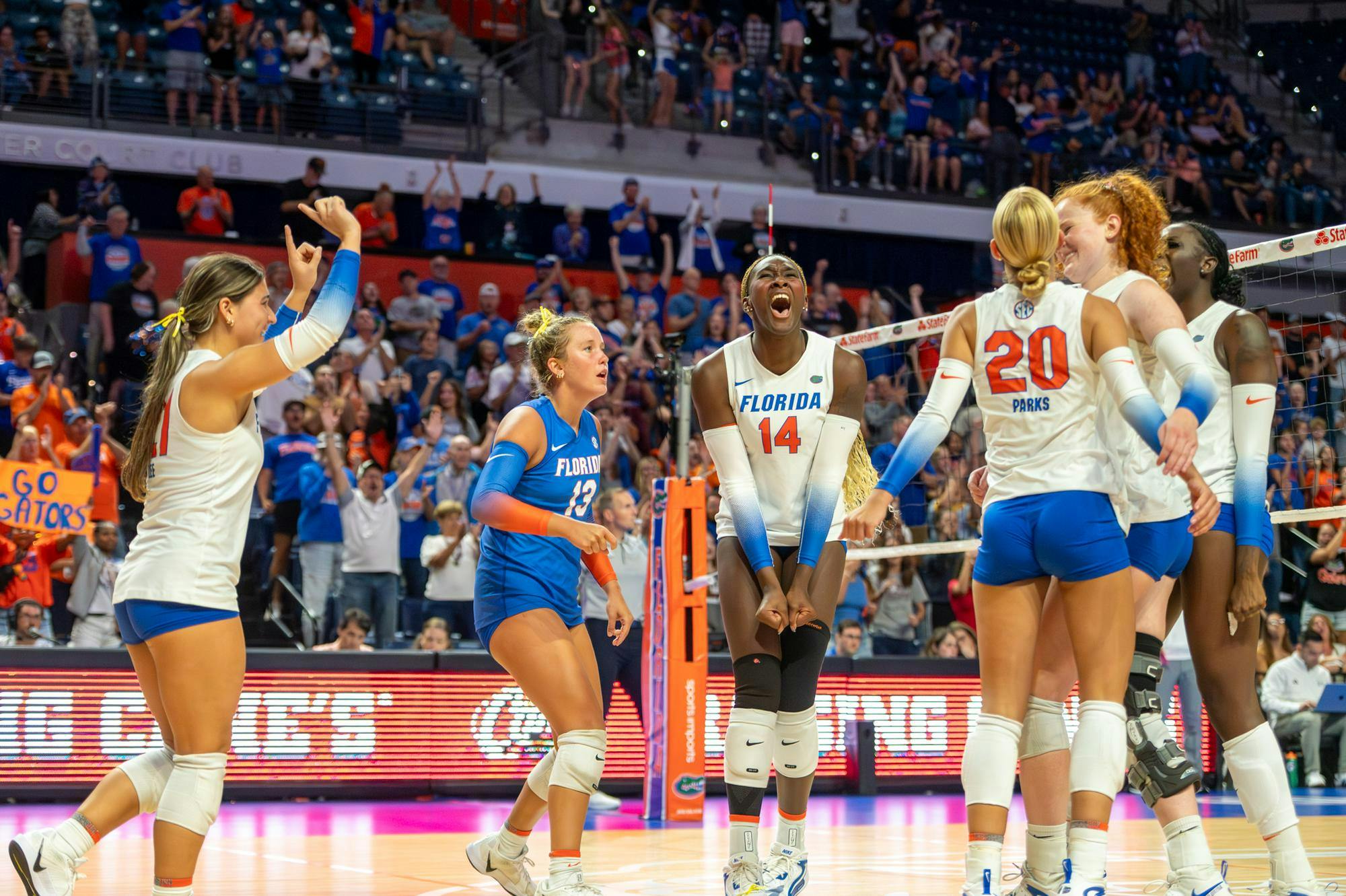 Florida Gators outside hitter Jordyn Byrd (14) celebrates with her teammates after scoring a point in a volleyball match against the Mississippi State Bulldogs on Friday, Sept. 26, 2025 in the O’Connell Center in Gainesville, Fla.