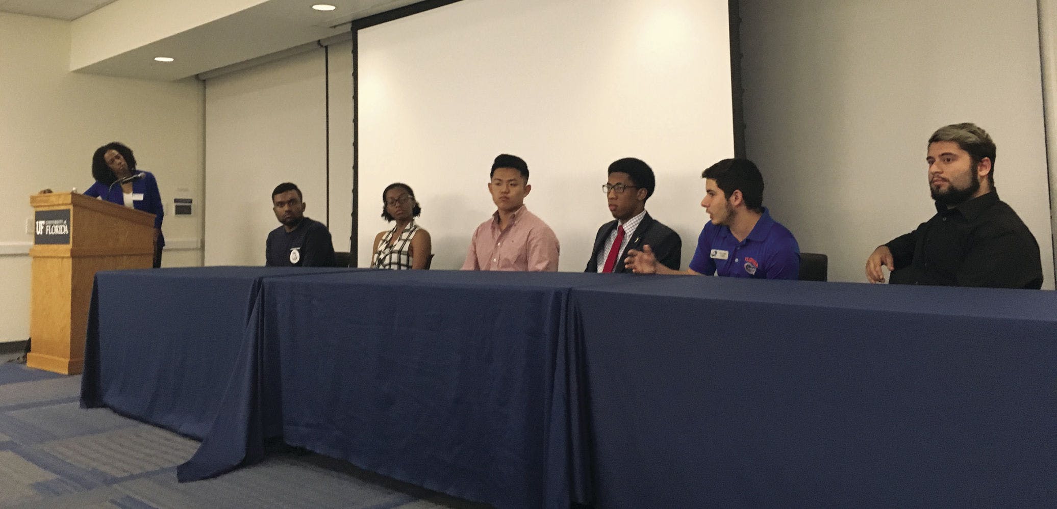 From Left: Analesa Clarke, Ronit Dastidar, Nyasha Joseph, John Kim, Ian Green, Robert Lemus and Alex Chaves discuss mental health in a panel on Tuesday. The event was during the first day of Student Government's annual Mental Health Awareness Week.