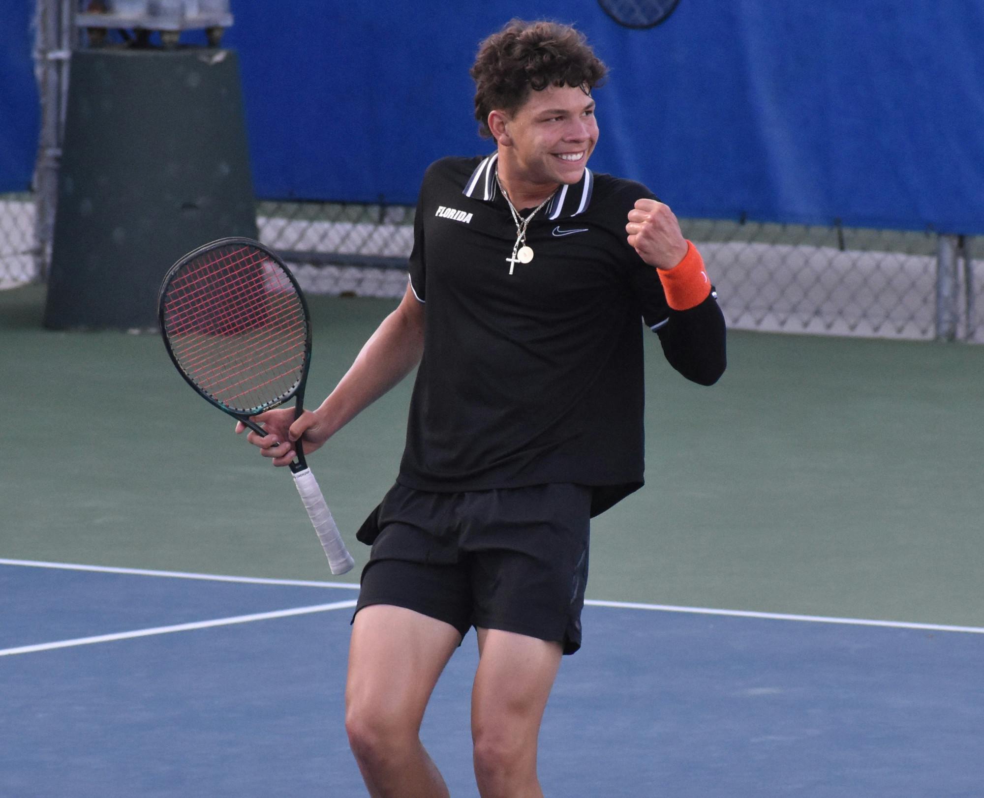 Ben Shelton celebrates during a match against Texas Christian University March 27. 