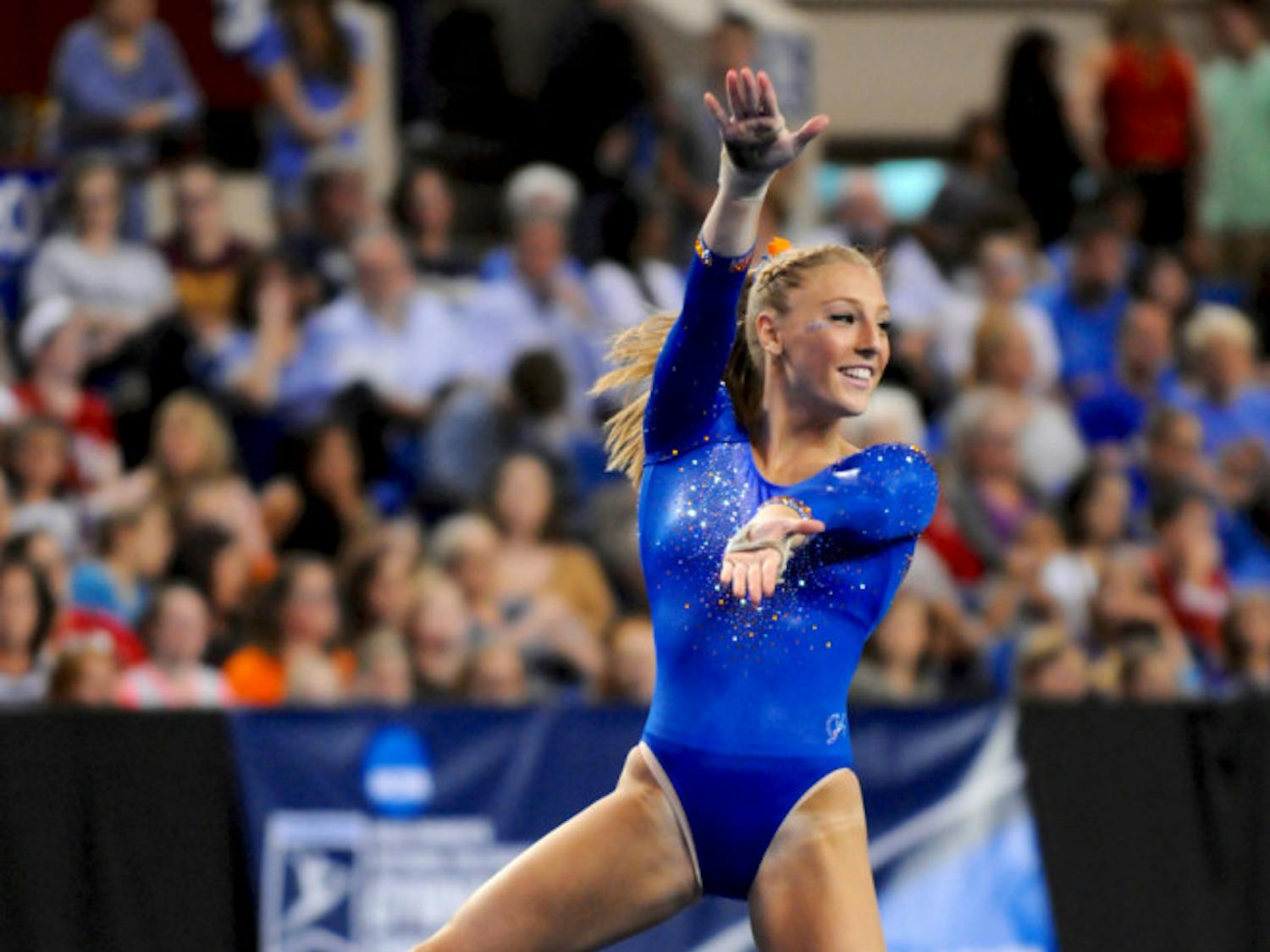 Alex McMurtry Gator Chomps during her floor exercise routine during the NCAA Gymnastics Super Six on April 16, 2016, in Fort Worth, Texas.
