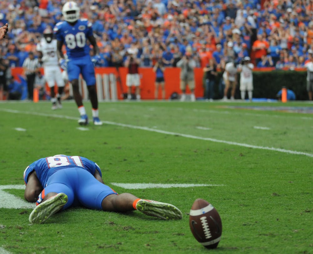 <p>Antonio Callaway lies on the grass during Florida's win against South Carolina on Nov. 12, 2016, at Ben Hill Griffin Stadium</p>