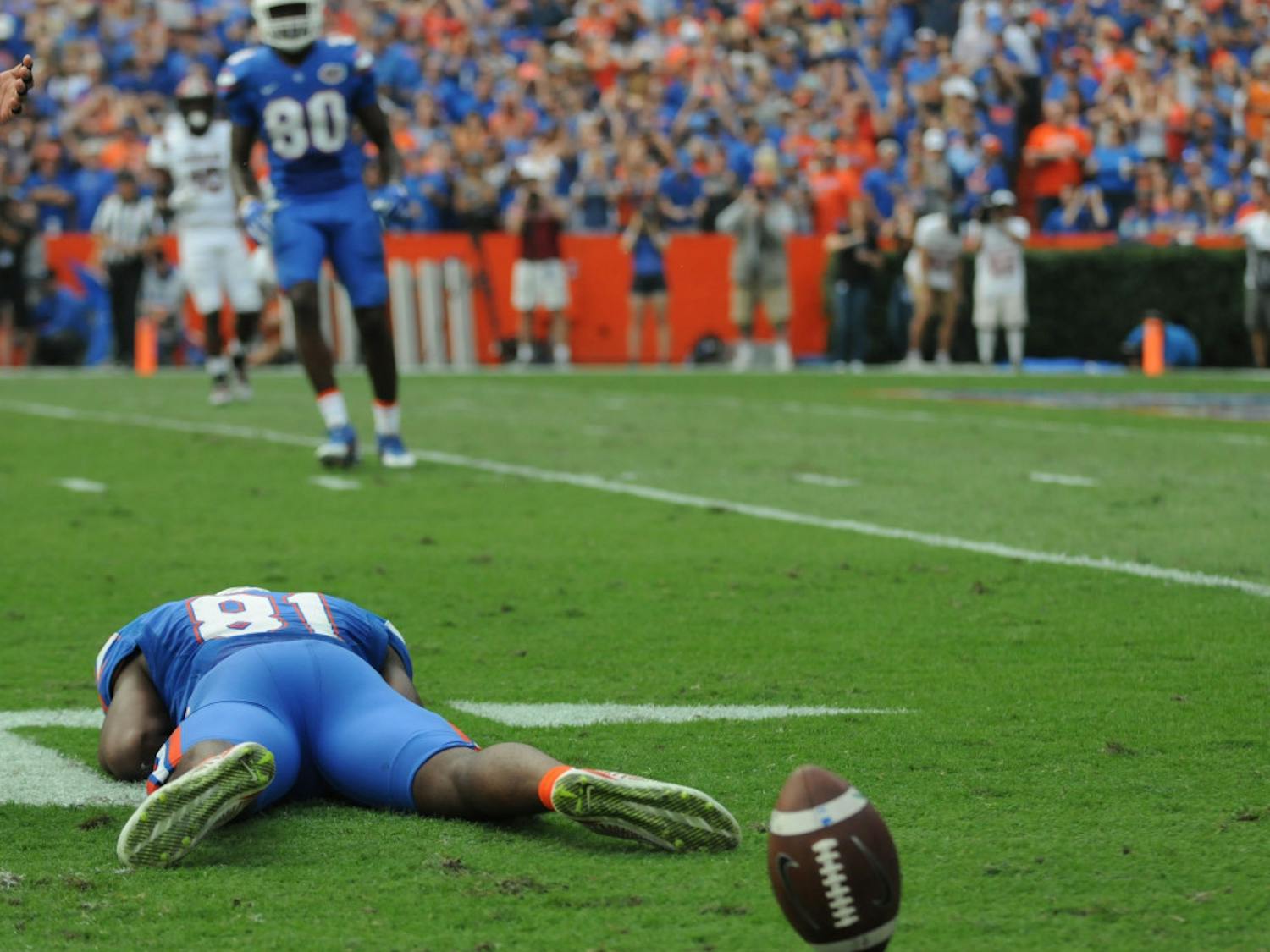 Antonio Callaway lies on the grass during Florida's win against South Carolina on Nov. 12, 2016, at Ben Hill Griffin Stadium