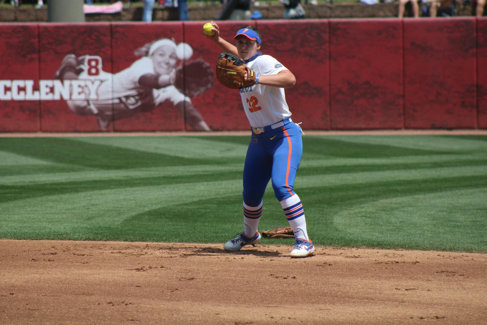 First baseman Kendyl Lindaman warms up on April 17 against Alabama. The Gators are set for a huge battle with the Missouri Tigers this weekend. 