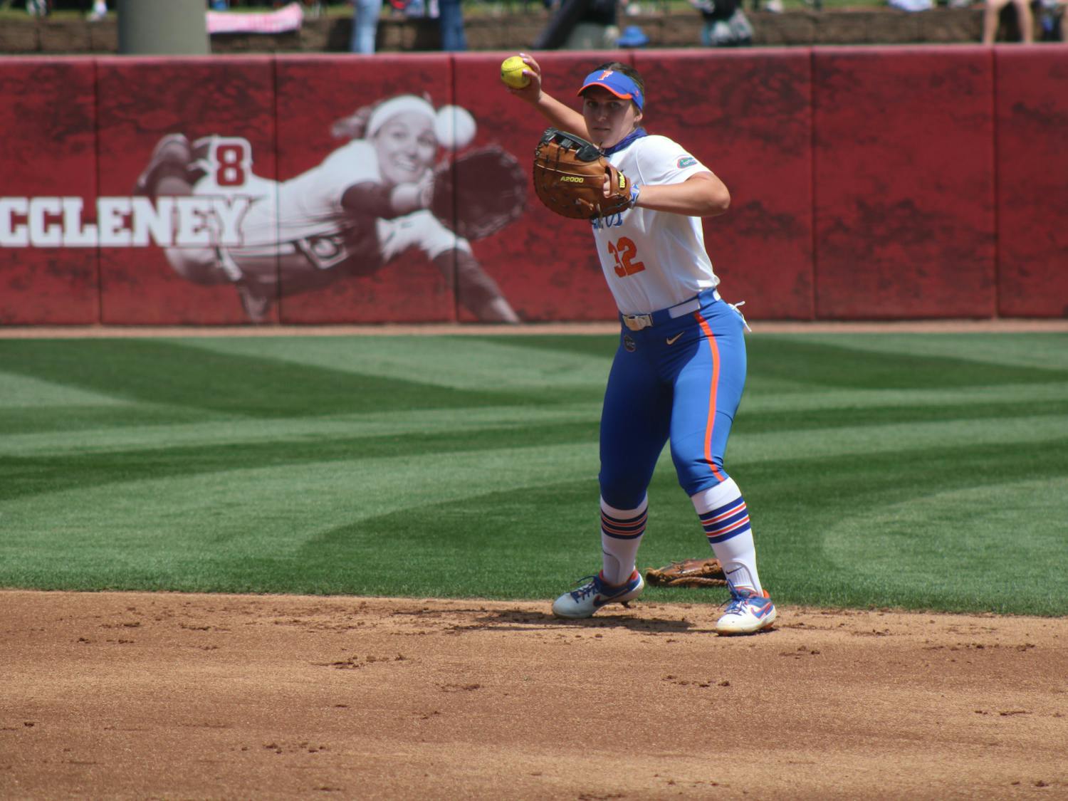 First baseman Kendyl Lindaman warms up on April 17 against Alabama. The Gators are set for a huge battle with the Missouri Tigers this weekend. 