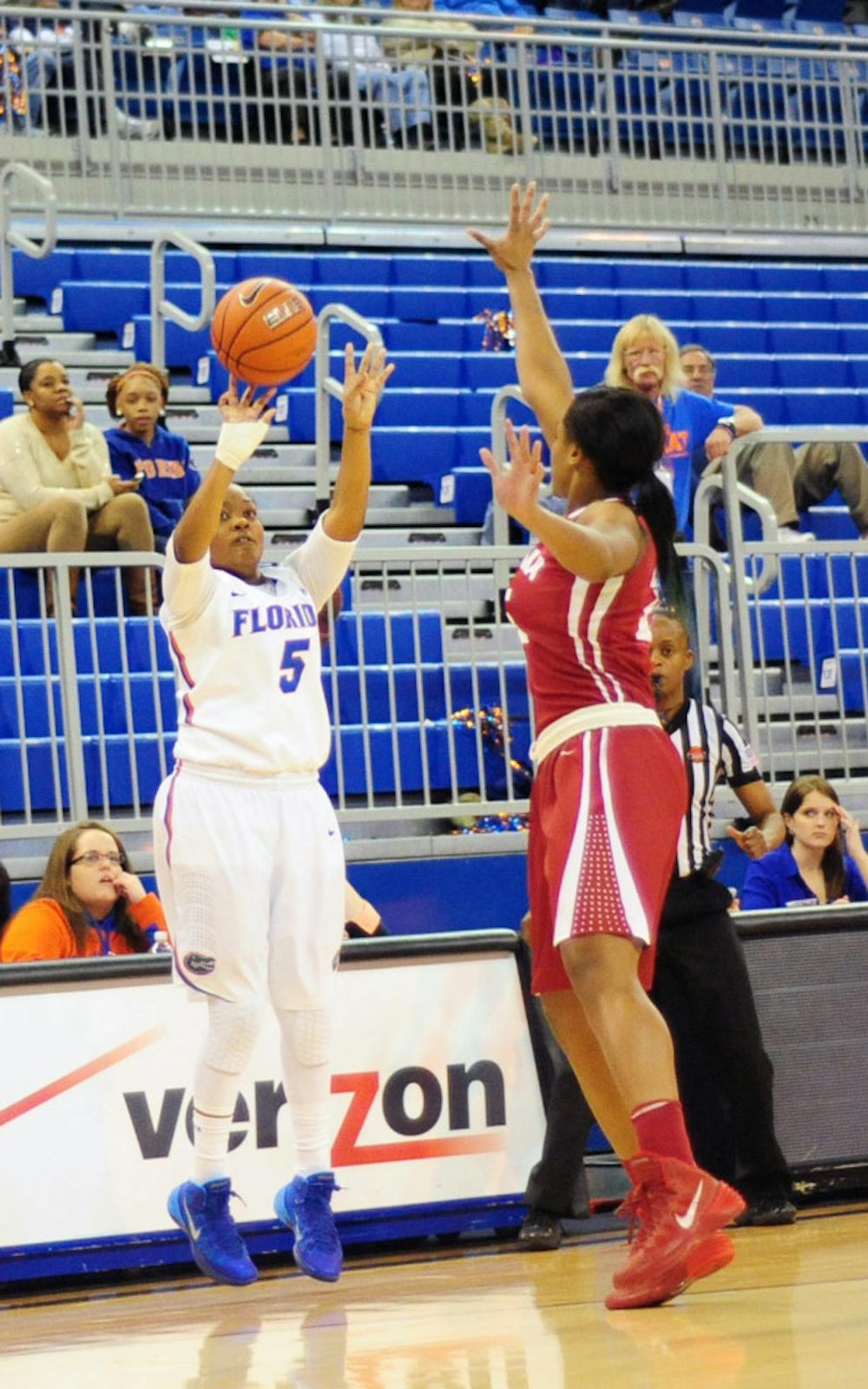 <p>Antoinette Bannister attempts a three-point shot during Florida’s 75-67 win against Alabama on Jan. 30 in the O’Connell Center.</p>