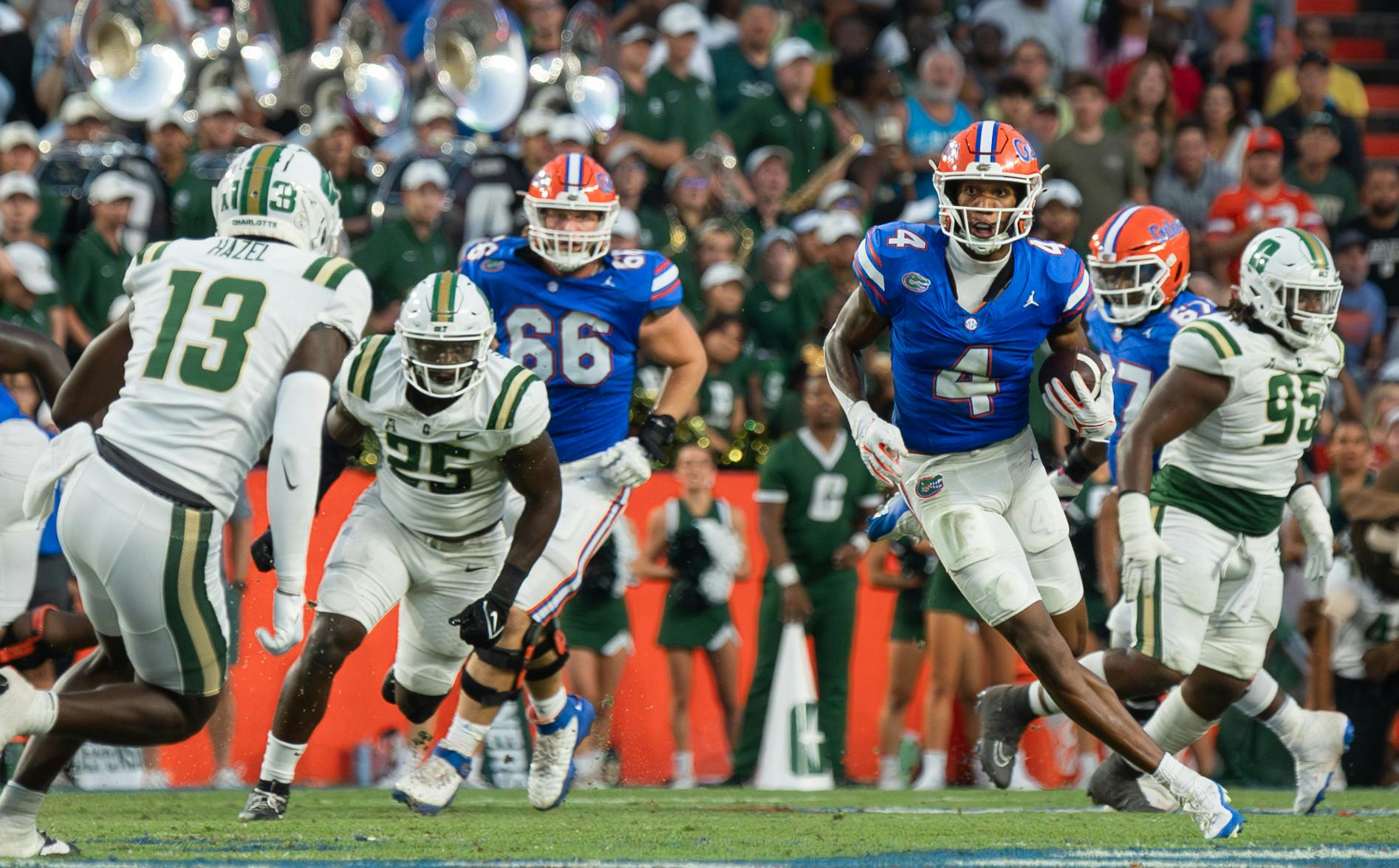 Sophomore wide receiver Caleb Douglas runs with the ball in the Gators' 22-7 win against the Charlotte 49ers on Saturday, Sept. 23, 2023.