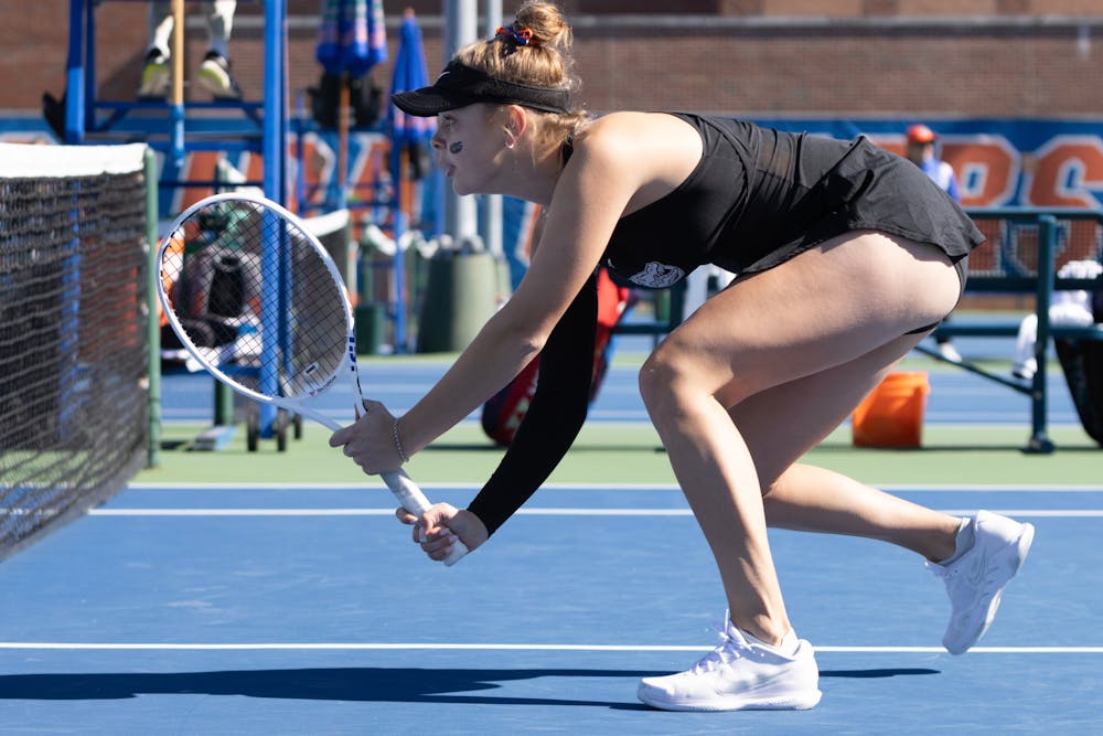 Junior Bente Spee readies herself for a point in a doubles match in the Gators' 6-1 win against Baylor, Saturday, January 20, 2024. 