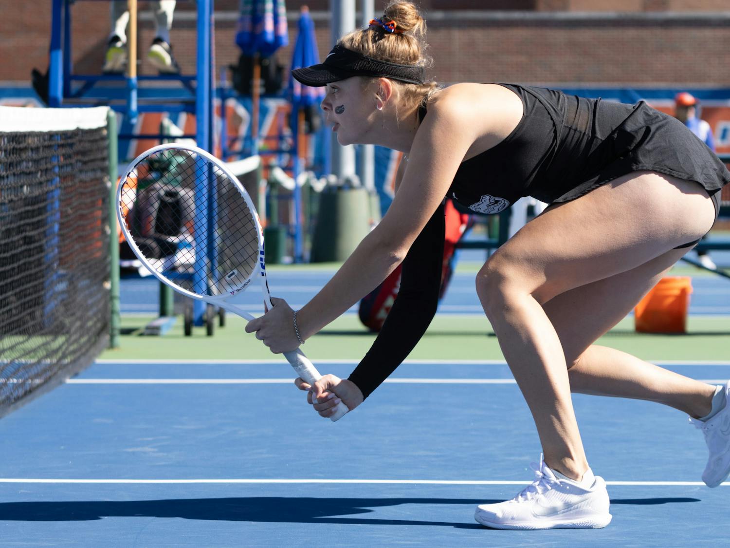 Junior Bente Spee readies herself for a point in a doubles match in the Gators' 6-1 win against Baylor, Saturday, January 20, 2024. 