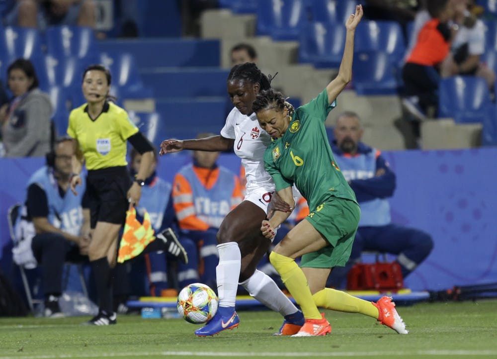 <p dir="ltr">Canada’s Deanne Rose battles Cameroon’s Estelle Johnson in a FIFA Women’s World Cup match on Monday. Rose, the 2017 SEC Freshman of the Year, is a rising junior at UF.</p>